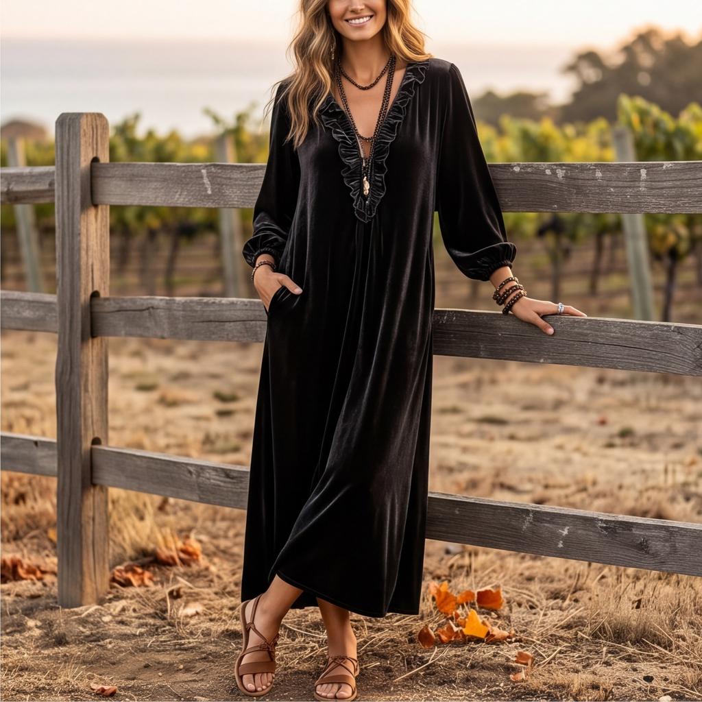 Women's Bohemian V-Neck Long Sleeve Maxi Dress with Sleeves and Loose Fit for Casual Wear