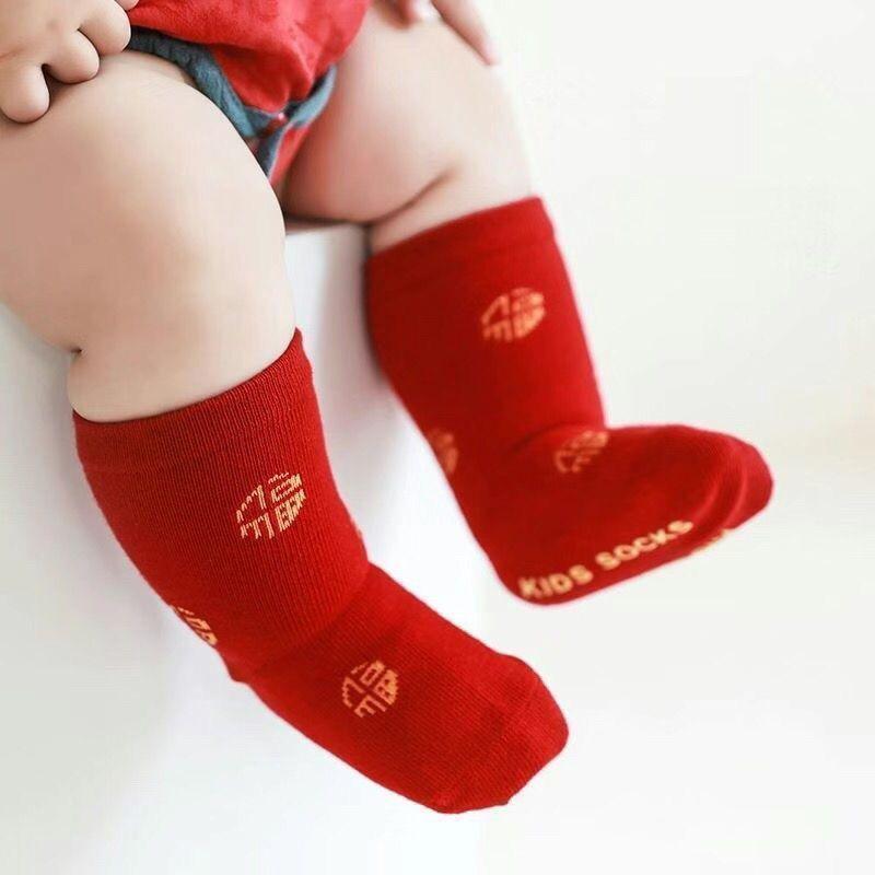 Non-slip Red Cotton Baby Socks for Spring & Autumn - Suitable for New Year, Boys & Girls, Ages 1-12 Months