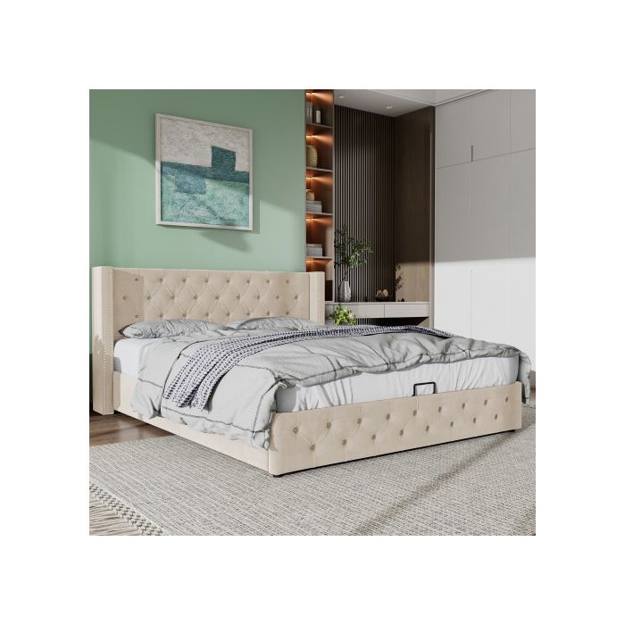 Lit - MUVOE - 140x190 - Rembourré - Noir Et Beige - Coffre De Rangement Hydraulique