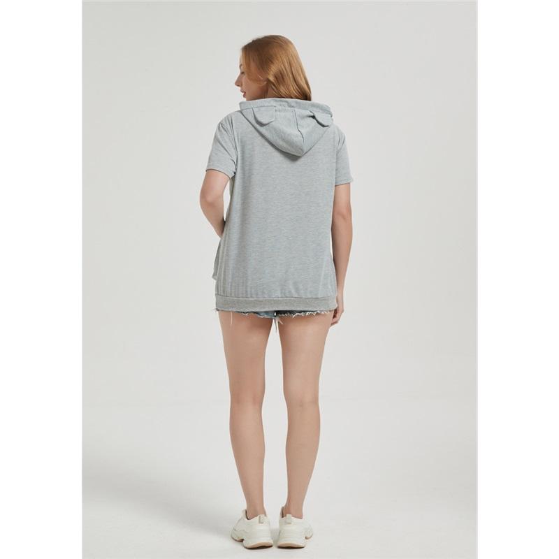 Women's summer cat face fish bone print loose large pocket short-sleeved hooded T-shirt