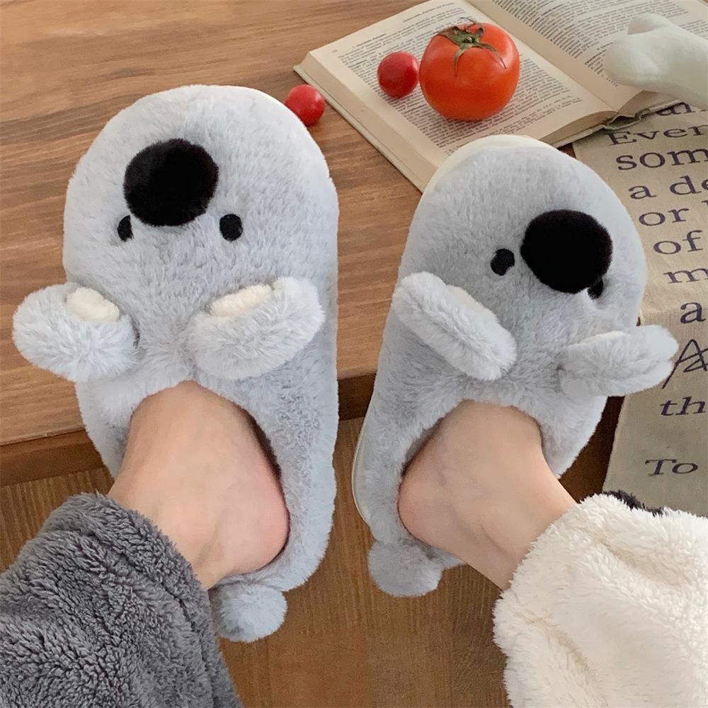 Fashion Women Indoor Fluffy Slippers Cute Cartoon Koala Winter Warm Shoes  Faux Fur Anti-slip Gray Color Couples Home Floor Slipper