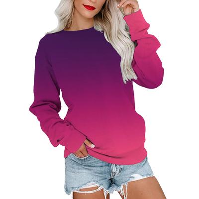 Moletom Feminino Casual Estampado com Cor Gradiente Moletons de Manga Comprida com Decote O Tops Femininos