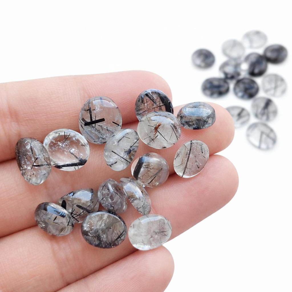 Black Rutile Quartz Oval Cabochon – Flat Back 11x9 mm Gemstone for Jewelry Making