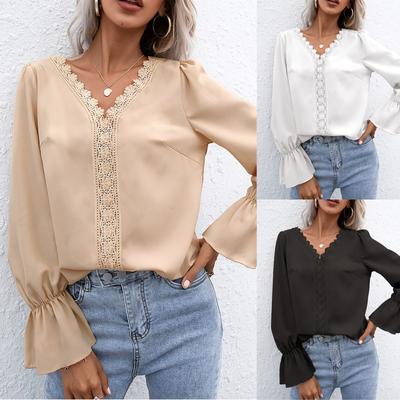 Womens Fashion  V-neck Long Sleeve Flared Sleeves  Lace Base Shirt Blouse Tops