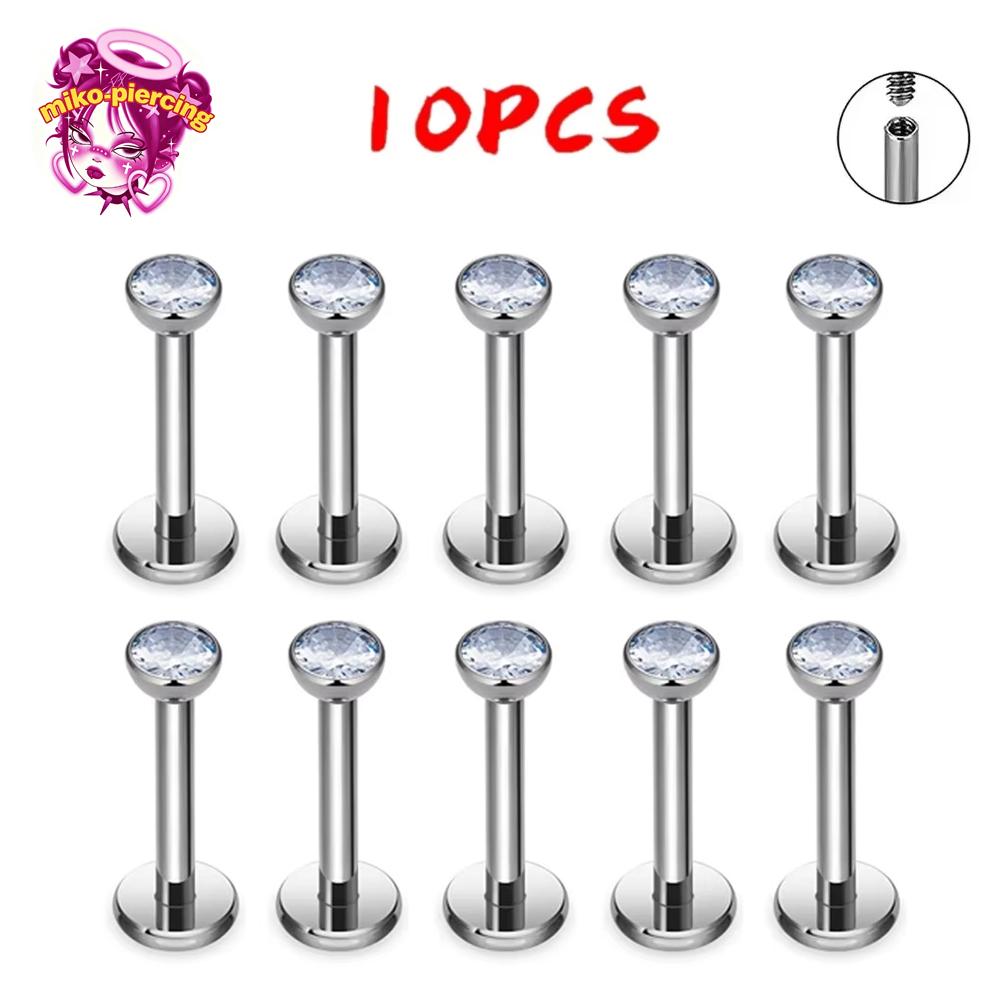 10PCS F136 Ttianium Piercing Labret Lip Stud Ring CZ 16G Internal Thread Stud Earring Ear Tragus Cartilage Helix Daith Jewelry
