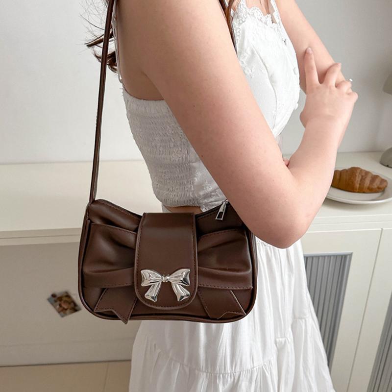 A Stylish And Versatile PU Leather Shoulder Bag for Women Cute Bow Decor Solid Color Underarm Bag Perfect for Both Casual And Chic Looks. AVE