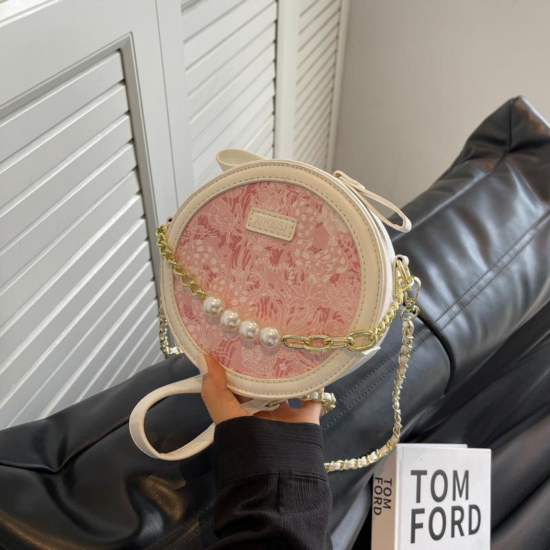 Niche bead chain round cake bag women's new fashionable versatile small round bag casual texture shoulder messenger bag