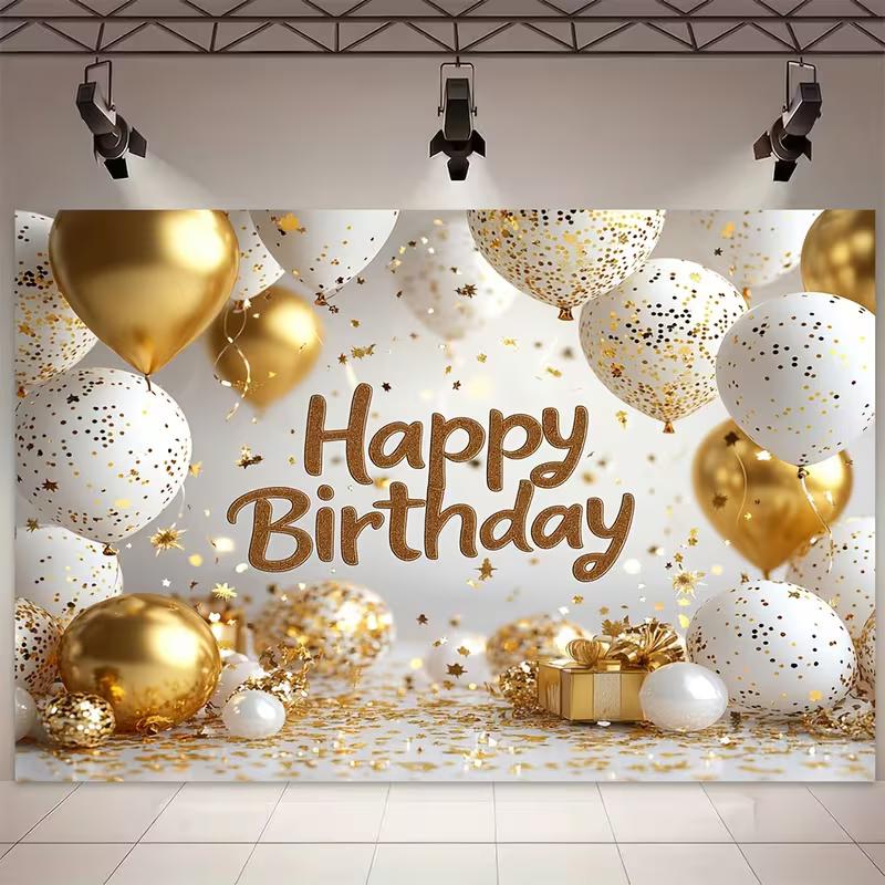 2D White Gold Balloon Happy Birthday Backdrop for Adult Birthday Party