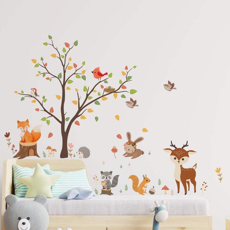 Kids Room Wall Stickers Cartoon Animals Tree Stickers DIY Wallpaper for Home Decor Fox Deer Wall Decals Baby Bedroom