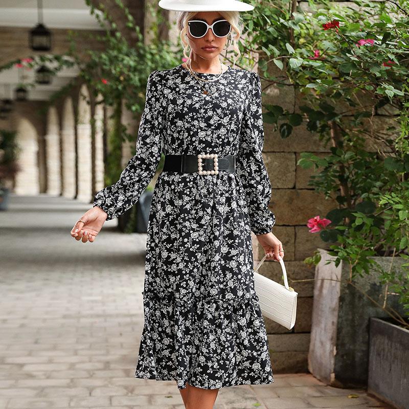 YYFS Women's Fashion Summer Spring Floral Print Long Sleeve O-Neck High Waist Casual Dresses