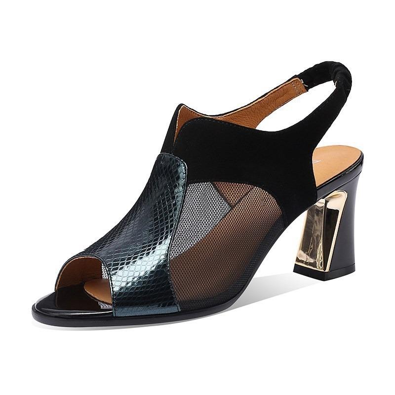 Sandalen für Damen 2026 Sommer Neuer Stil Atmungsaktiv Damen Dicke Ferse Hohl-Netz High Heels Damen Fischmund Schuhe