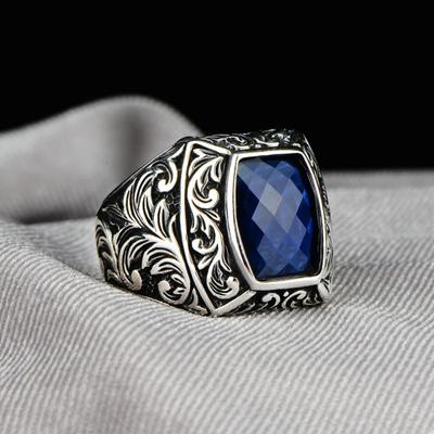 Anillos Cuadrados Vintage Color Plata para Mujer Modernos Incrustados con Flor de Piedra Azul Personalizados Creatividad Anillos de Fiesta Joyería