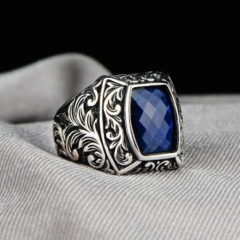 Vintage Silver Color Square Rings for Women Trendy Inlaid with Blue Stone Flower Personalized Creativity Party Rings Jewelry