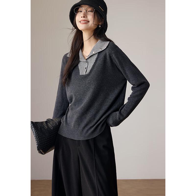 VICTORIA&VERA Women's Striped Faux Two-Piece Knit Shirt