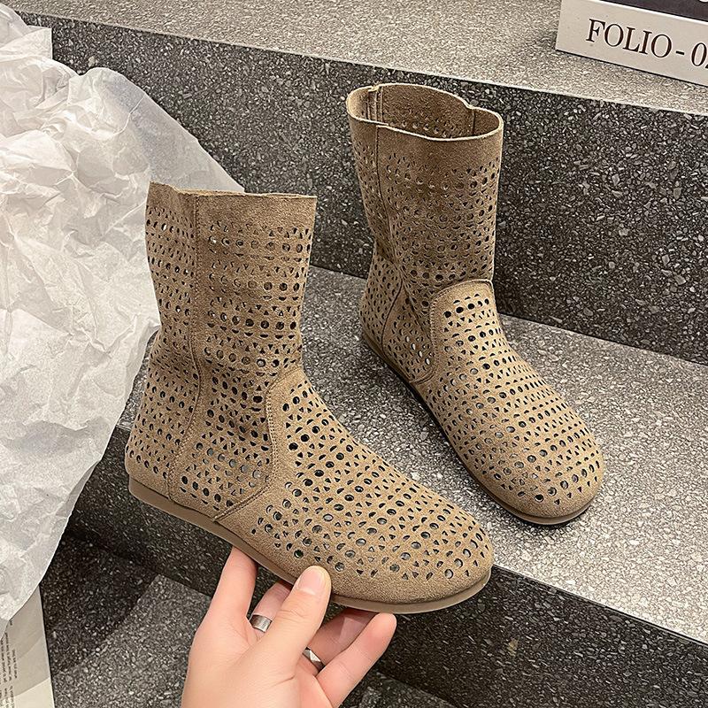 

Ретро ажурные сетчатые ботинки, обувь с отверстиями, кожаные ботинки 2025 новая летняя дышащая и универсальная обувь на плоской подошве, крутые ботинки 37 хаки
