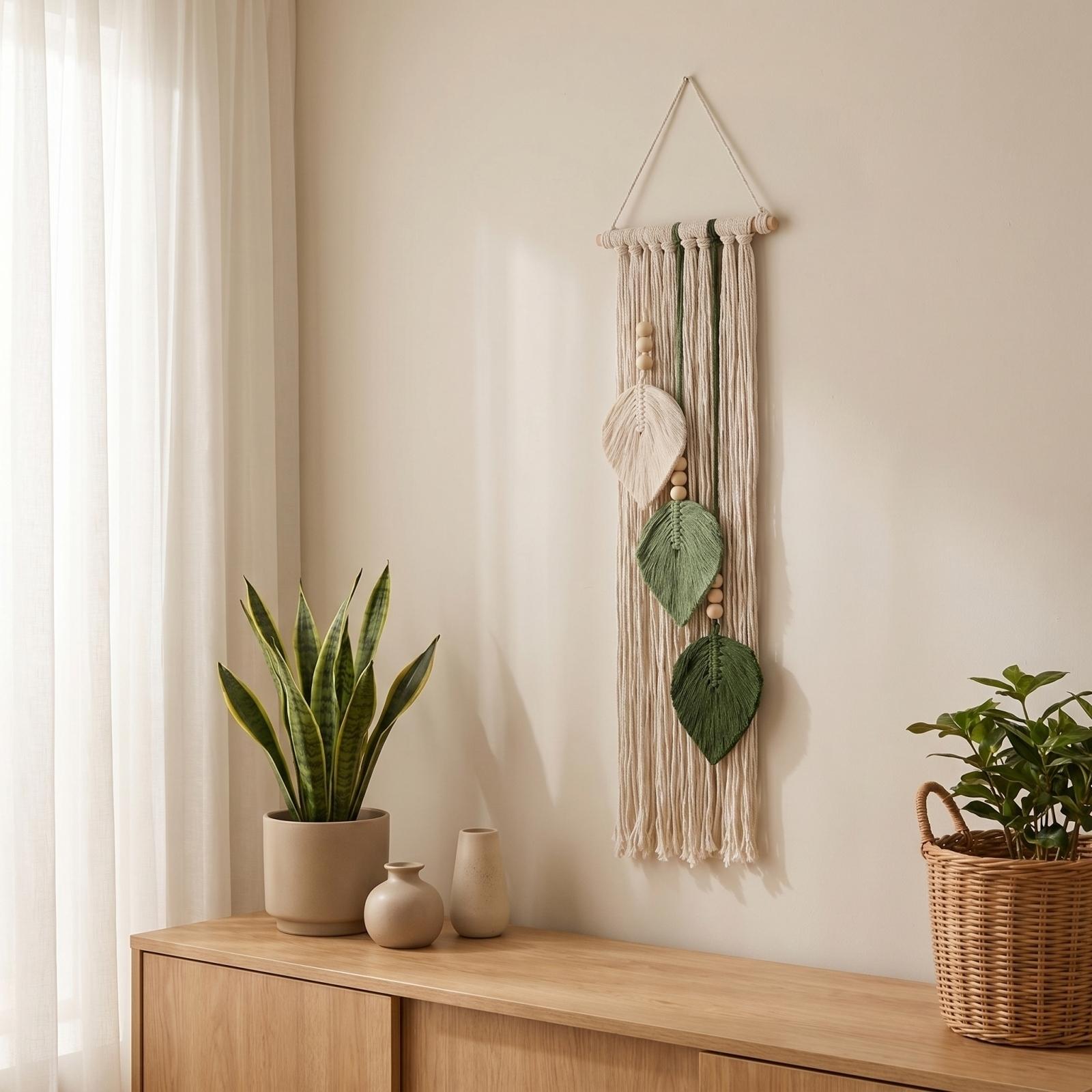 

Handwoven Leaf Tapestry Bohemian Wall Hanging with Tassels Macrame Leaf Shaped Wall Decor for Bedroom Living Room and Guesthouse One Size бежевый