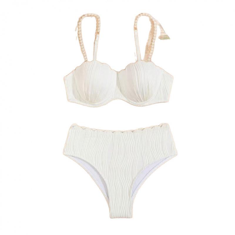 Women's White Pearl Strap Scalloped Edge High Waist Bikini Set Two-Piece Swimsuit