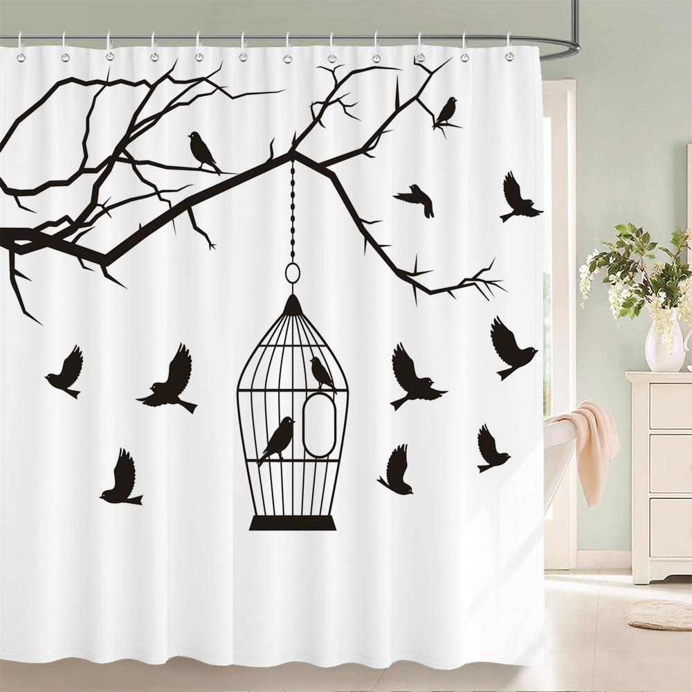 Nordic minimalist art printing Shower Curtain, Waterproof Fabric Flower and leaf Bird pattern Bathroom Curtain for Bathtub Decor