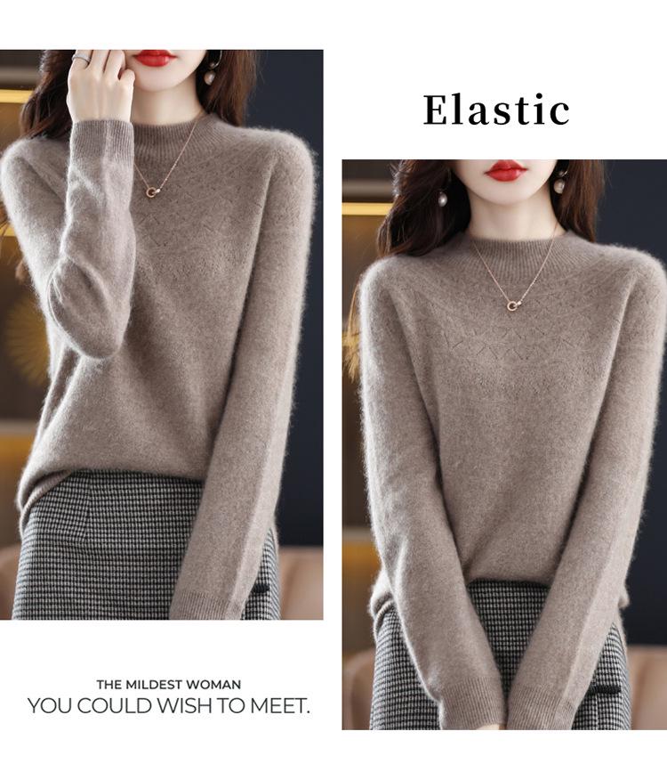 Women's Slimming 100% Wool Half-High Neck Sweater, Seamless Cashmere Knit Base Layer, Autumn Winter Loose Top with Hollow-Out Design