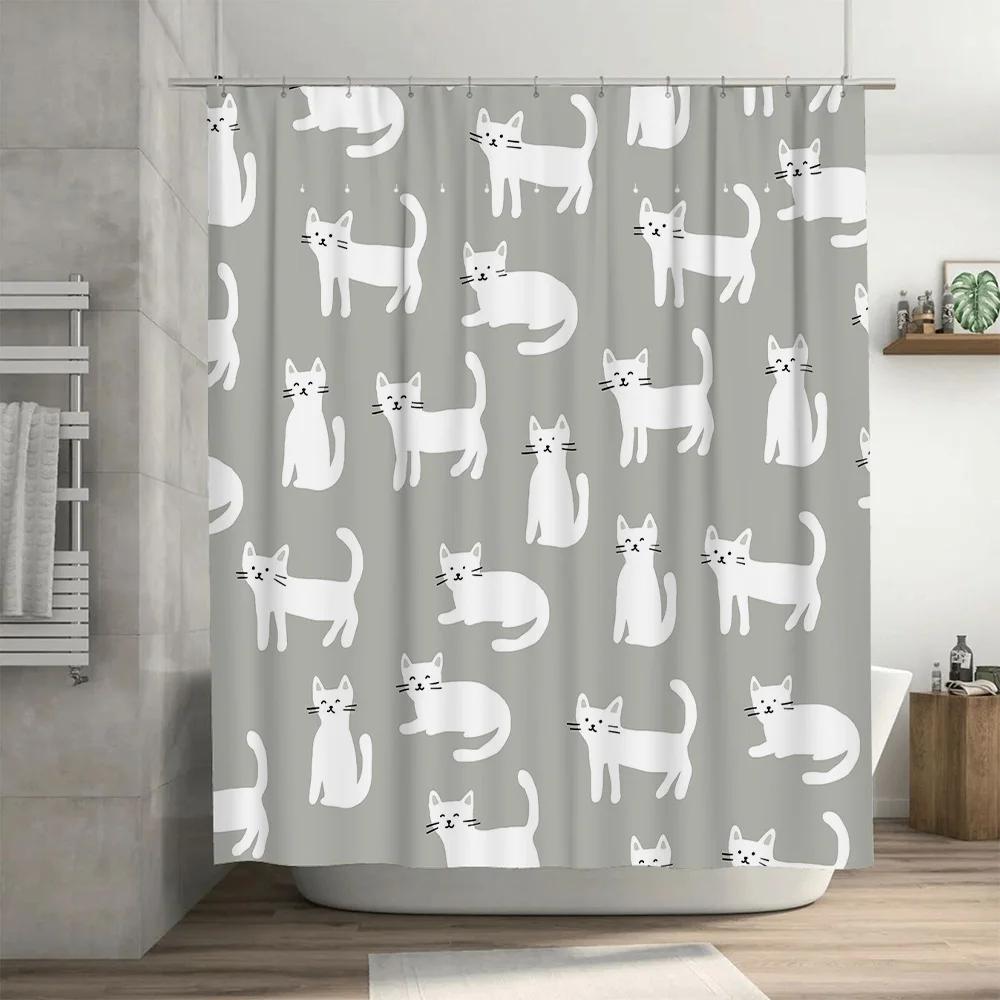 White Cat Shower Curtain Cute Bathroom Decor Set For Kids Bath Room Waterproof Fabric Home Decoration