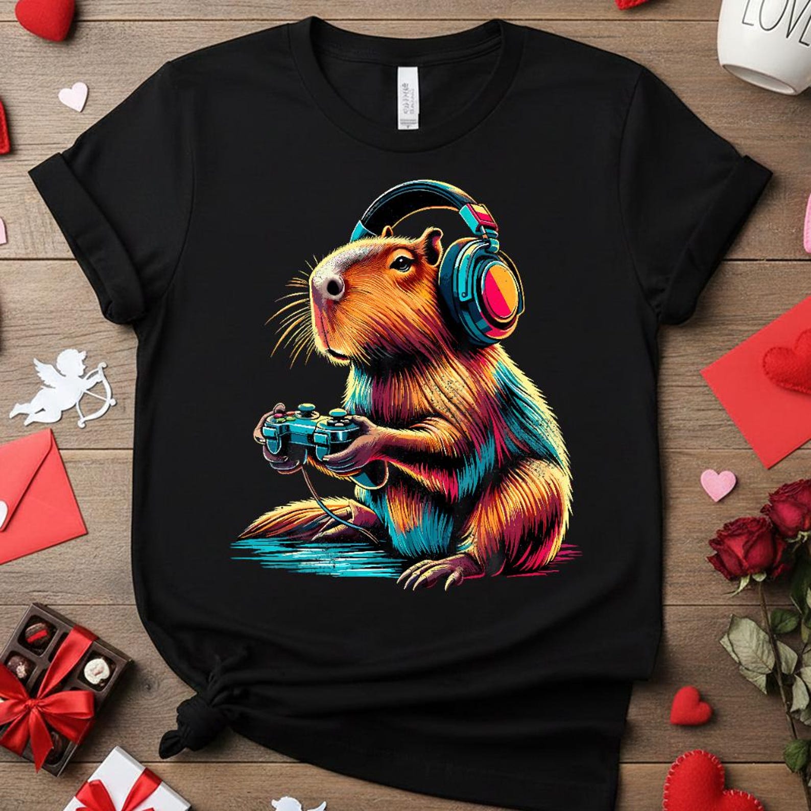 Funny Capybara Gaming Shirt, Gamer Capybara T-Shirt, Cute Animal Gamer Gift, Colorful Pop Art Capybara Tee, Video Game Lover Unisex S