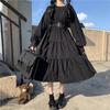 Japanese Sweet Lolita Dress Long-Sleeve Plus-Size High-Waisted Black Midi Dress Tummy-Control Pleated Swing A-line Skirt
