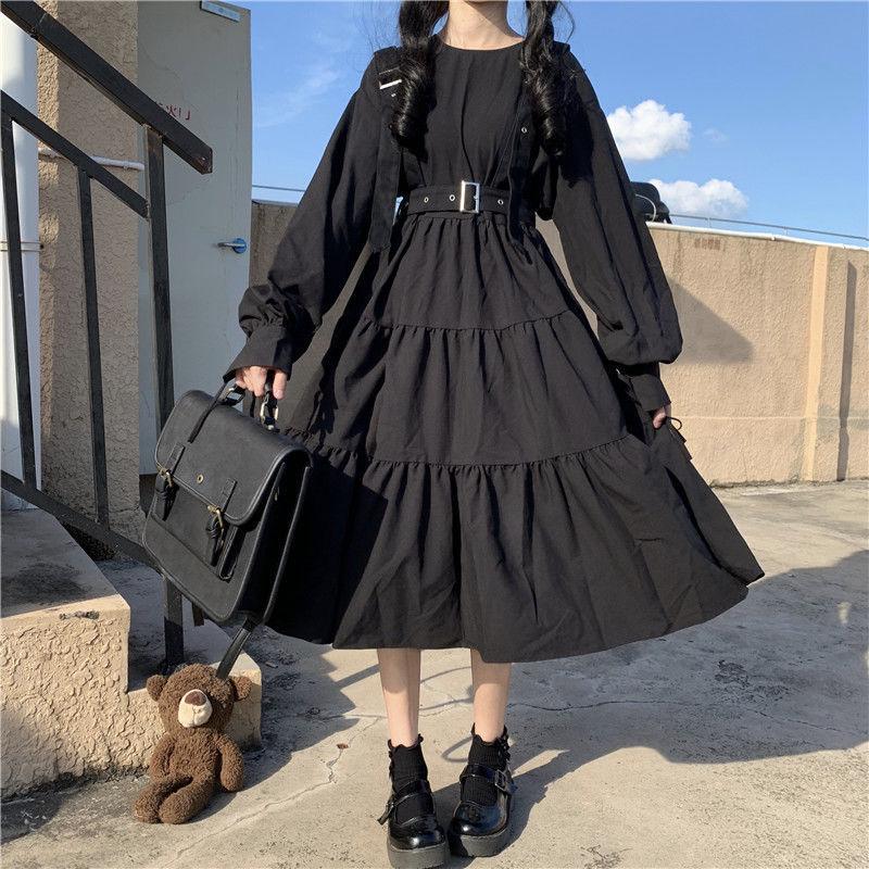 Japanese Sweet Lolita Dress Long-Sleeve Plus-Size High-Waisted Black Midi Dress Tummy-Control Pleated Swing A-line Skirt