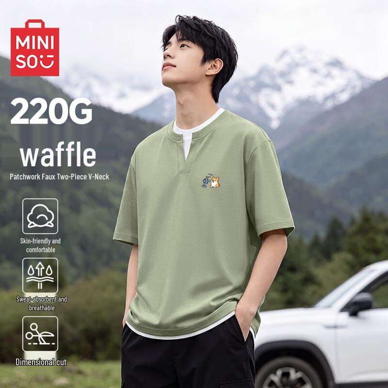MINISO Men s Faux Two-Piece Waffle Knit Short Sleeve T-Shirt L