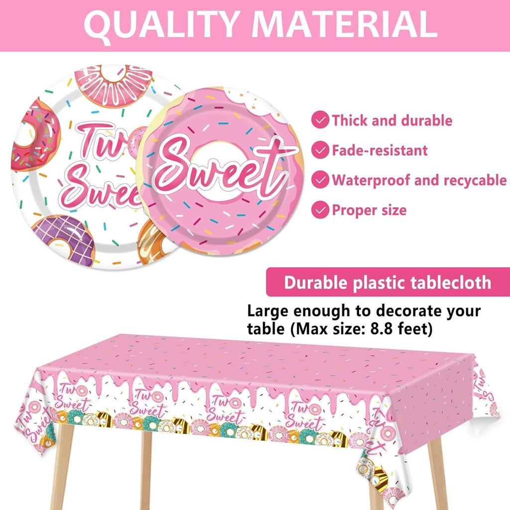 ZOiiWA 143Pcs Two Sweet Birthday Party Decorations Girls Donut Tableware Set Sweet Donut 2nd Party Plates Napkins Backdrop Tablecloth Banner Balloons