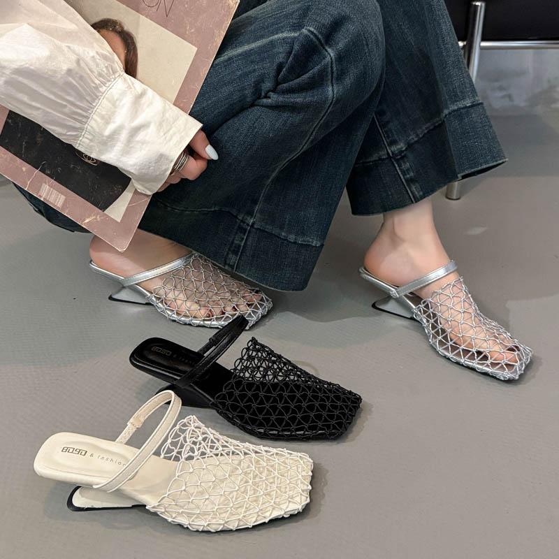 New Popular Summer Slippers Sandals Party Shoes for Women Strange Style Square Toe Shallow Narrow Band Weaving Slip-On