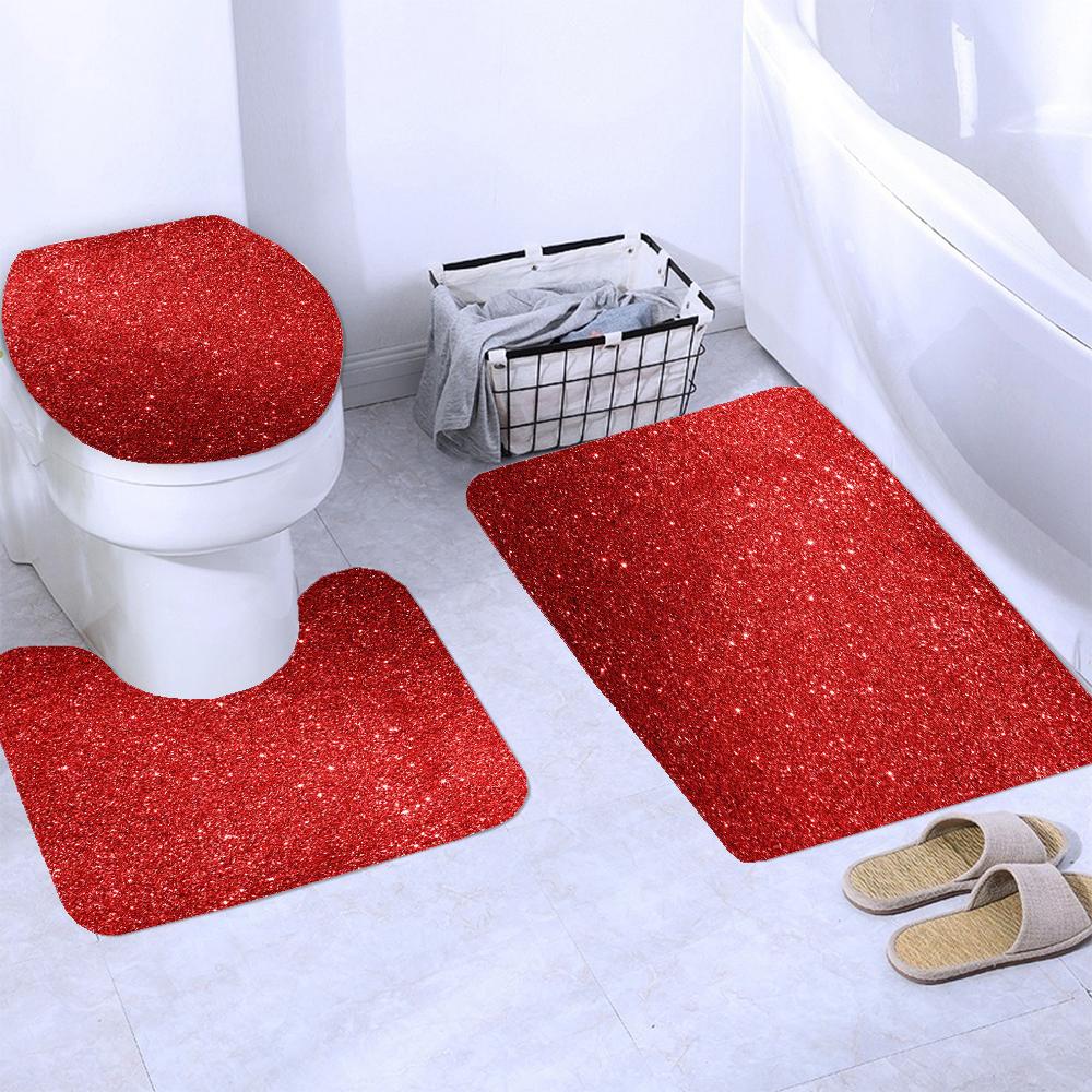 Sparkling Golden Red Shower Curtain Set with Non-Slip Rugs Toilet Lid Cover and Bath Mat Glitter Shower Curtain Bathroom Decor