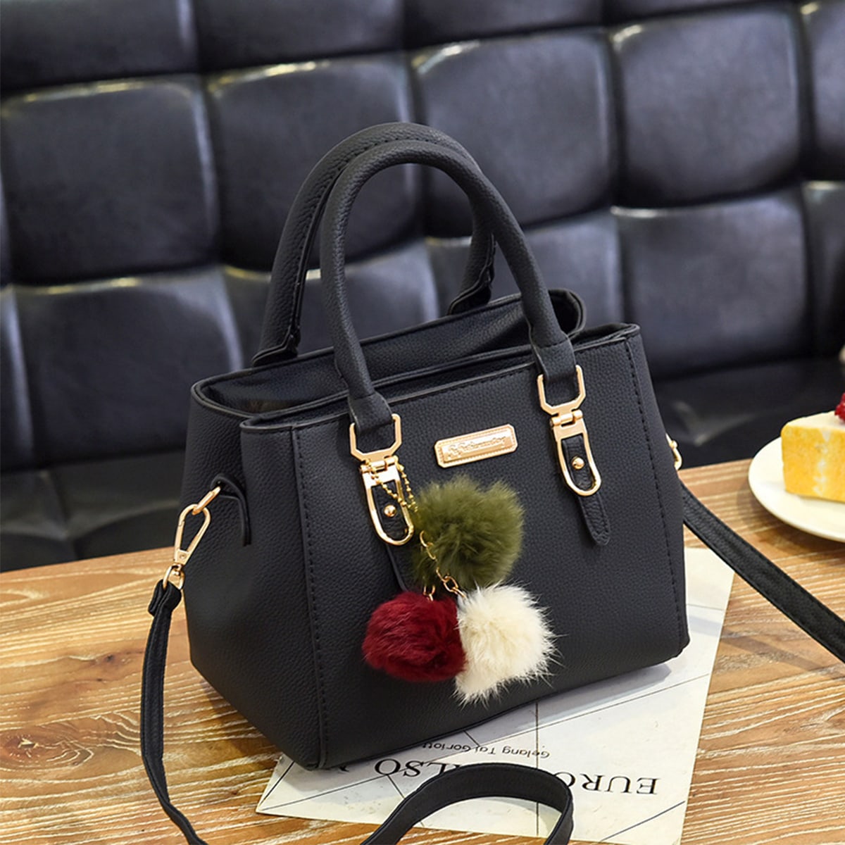 

PU Leather Ladies HandBags Women Vintage Purse Plush Tassel Messenger Bags Tote Boston Shoulder Crossbody Bag (20cm Max Length 30cm)