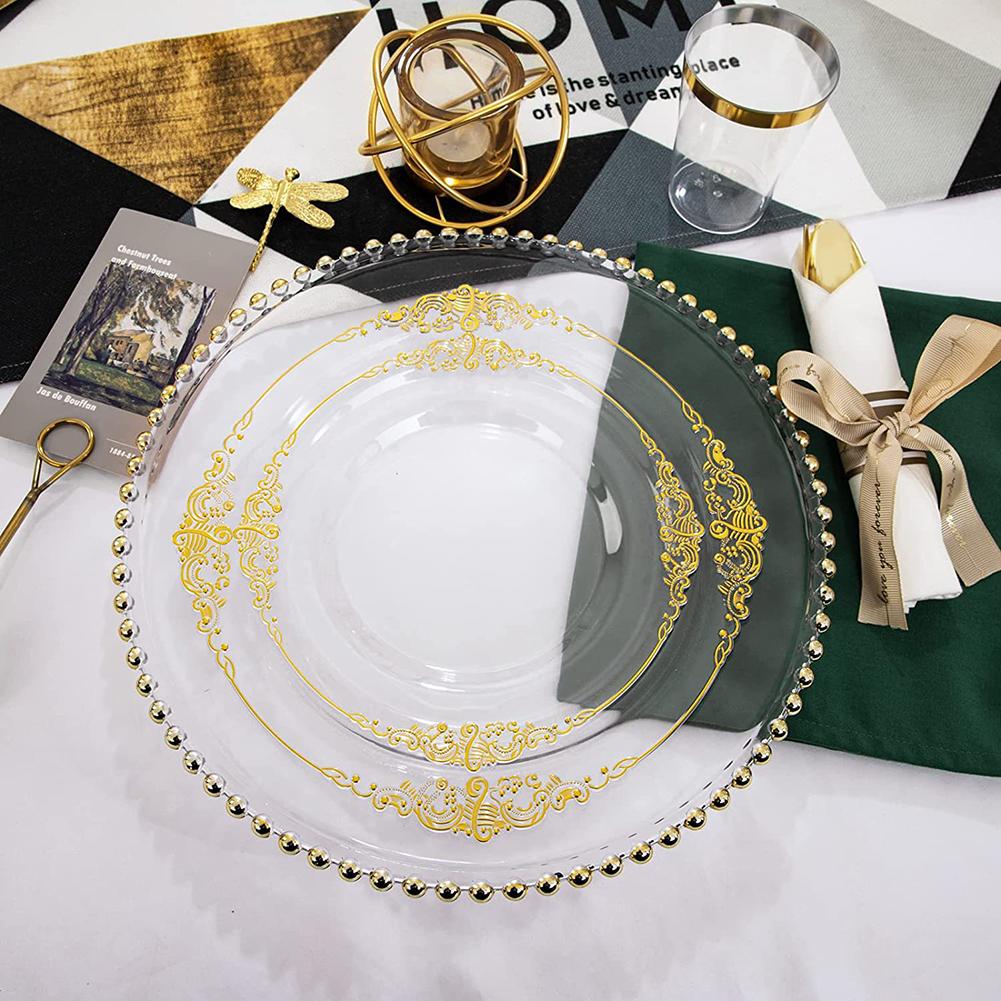 25PCS Plastic Plates Gold Disposable Dinner Plates Dessert Plates Dinnerware Kit For Wedding Party Thanksgiving