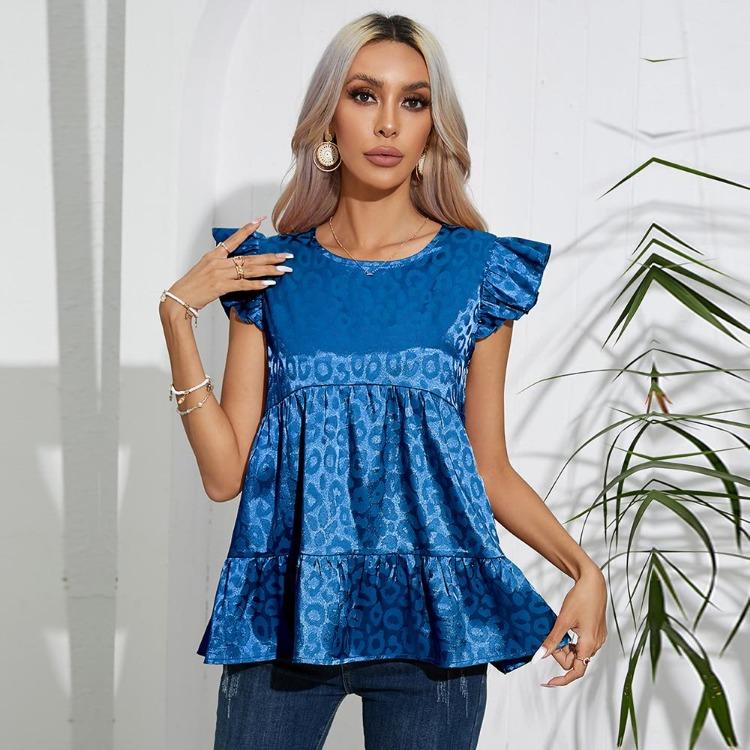 Blouse Women Spring Silk Simulated Tank Top Round Neck Jacquard Summer Shirt S синий