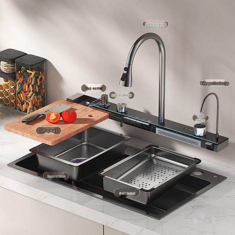Lavello da Cucina a Vasca Singola Grande da 6MM con Display Digitale, Doccetta Integrata e Design Embossato a Nido d'Ape Nano in Acciaio Inossidabile 304