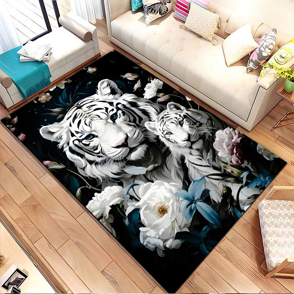 White Tiger Duo Amid Flowers Patterned carpet, non slip mat suitable for living room and bedroom sofas