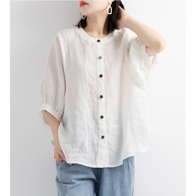 Women Solid Color Cotton Linen Shirt O-neck Lantern Sleeve Casual Loose Blouse Tops