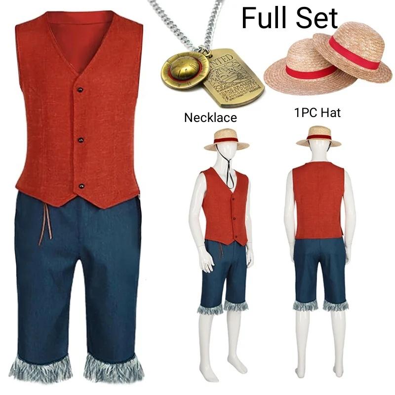 Monkey D Luffy Cosplay Costume for Men Adult Anime Outfit Halloween Party Red Vest Shorts Straw Hat Rope Set S