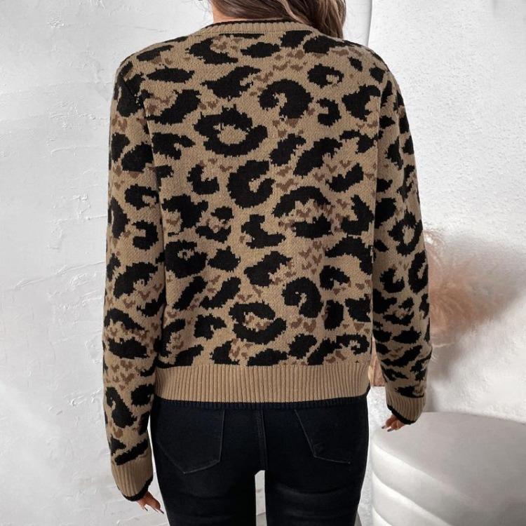 Autumn Winter Women Leopard Knitted Cardigan Long Sleeve Lace Up Coat