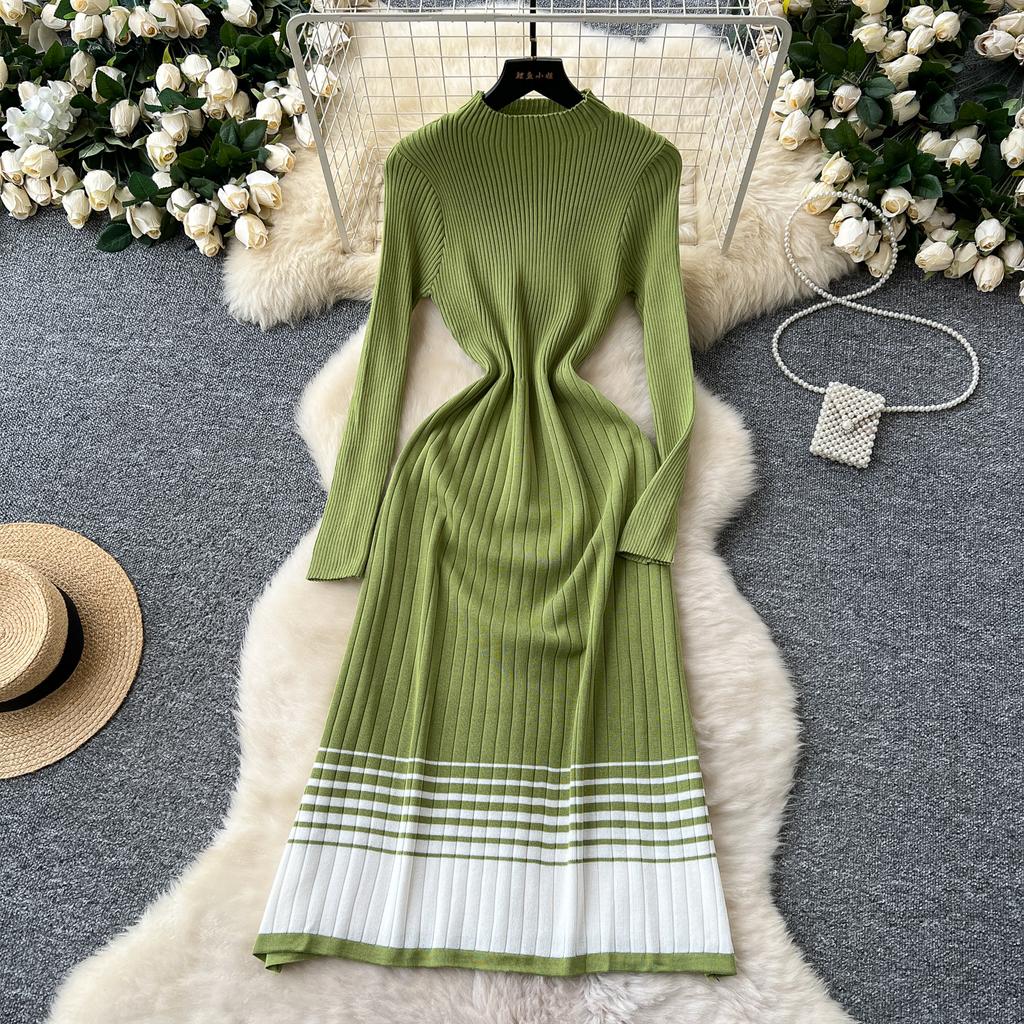 Spring Autumn Women Elegant O-neck Striped Knitted Sweater Long Midi Pullover Dresses
