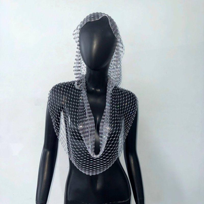 Cross-Border New European and American Women's Clothing: Mesh Rhinestone Fishnet Top, Sweet and Spicy Style, Sparkling Rhinestone Hooded Vest