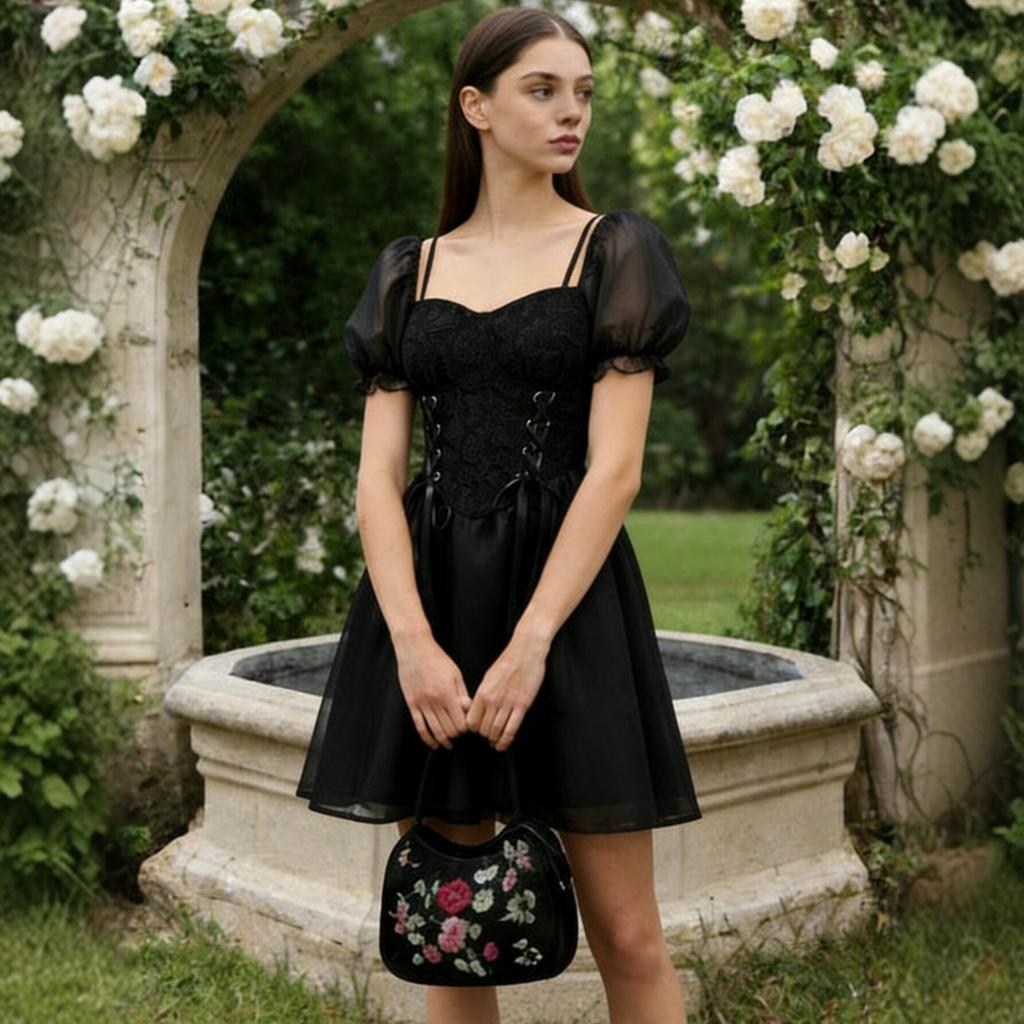 European and American women's clothing dark wind lace waist dress bubble sleeve strap design short skirt hot sale