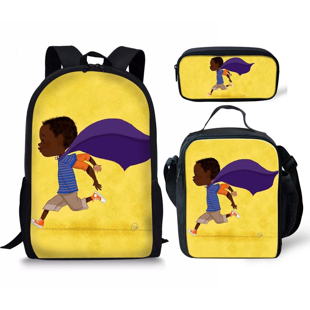Cartoon Popular New black African boy 3D Print 3pcs/Set Student School Bags Laptop Daypack Backpack Lunch bag Pencil Case
