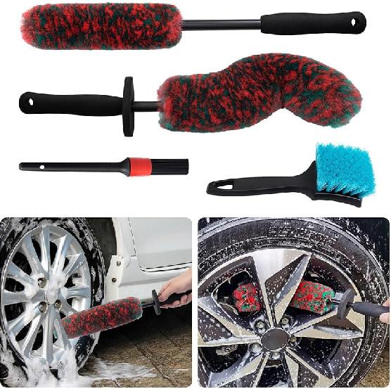 4 Pack Wheel Tire Cleaning Brush Kit Cars Motorcycles RVs Trucks Rim Hub Ultra Soft Microfiber No Spatter 360 Bendable Synthetic Woolies Wash