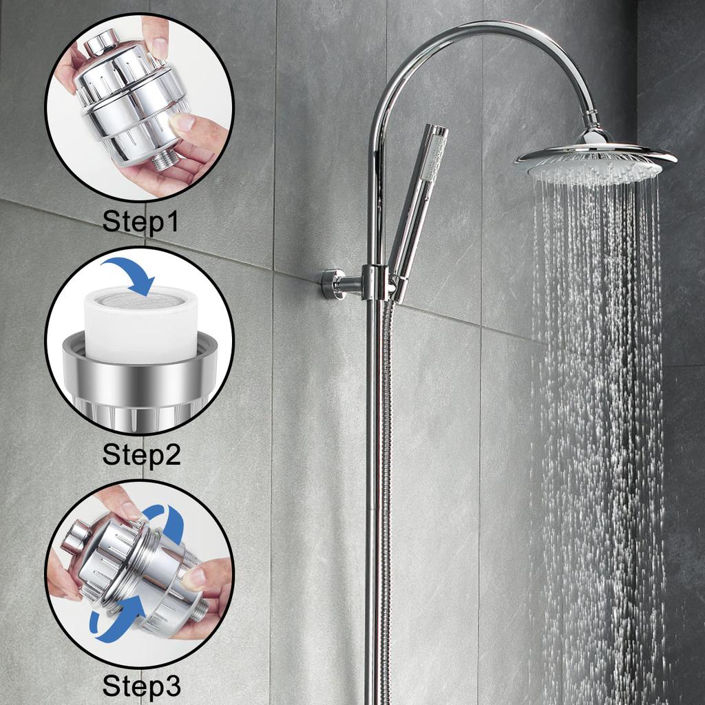 20-Stage Hard Water Shower Filter Stainless Steel Shower Water Filter Water Softener Shower Head Filter with 2 Filter Elements