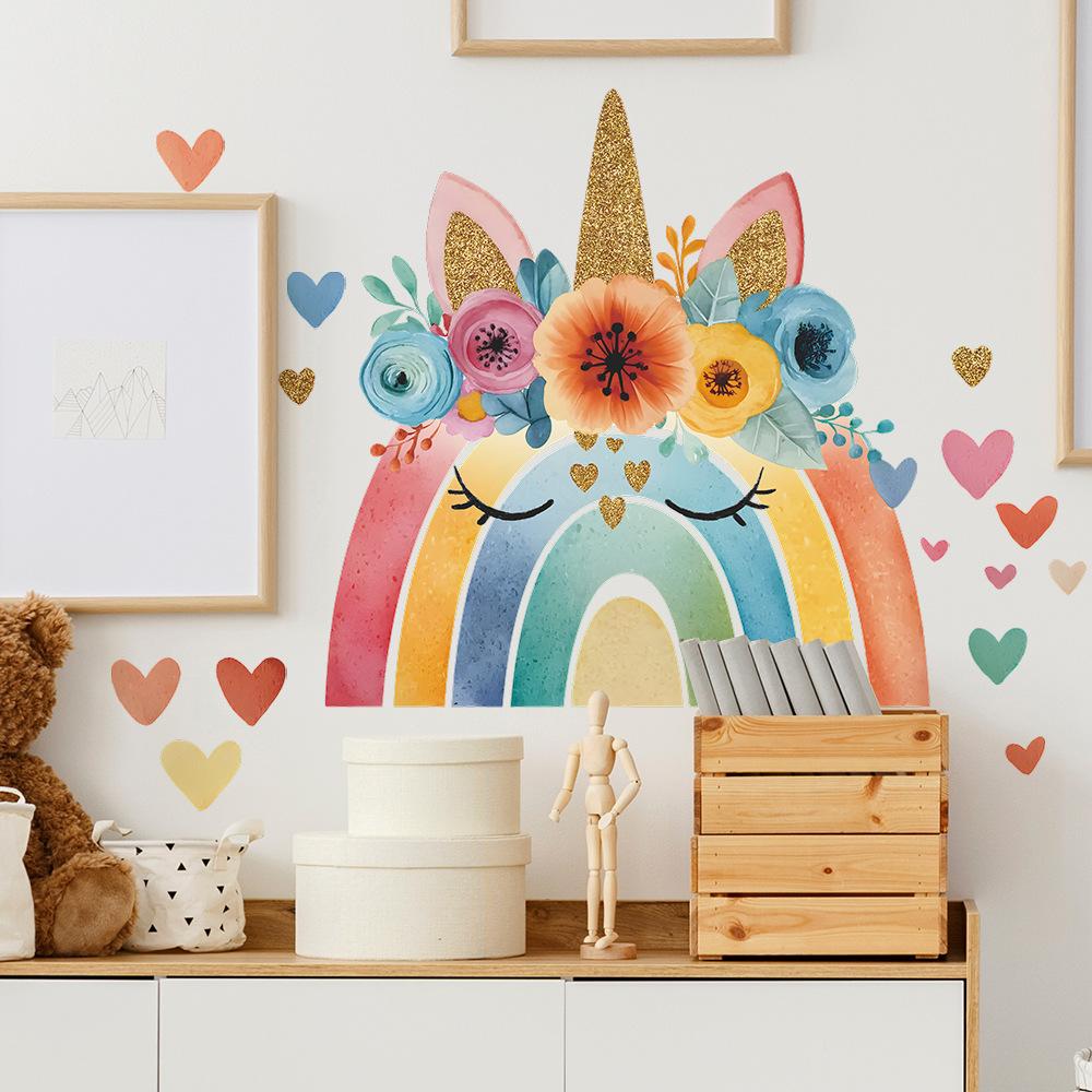 Self-adhesive Wall Stickers Cartoon Rainbow Unicorn Hearts for Kids Room Bedroom Living Room Home Decor