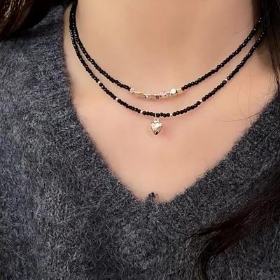 Personality Charm  Black Stone Beaded Heart Pendant Necklace For Women Retro Geometric Block Collar Jewelry Accessories