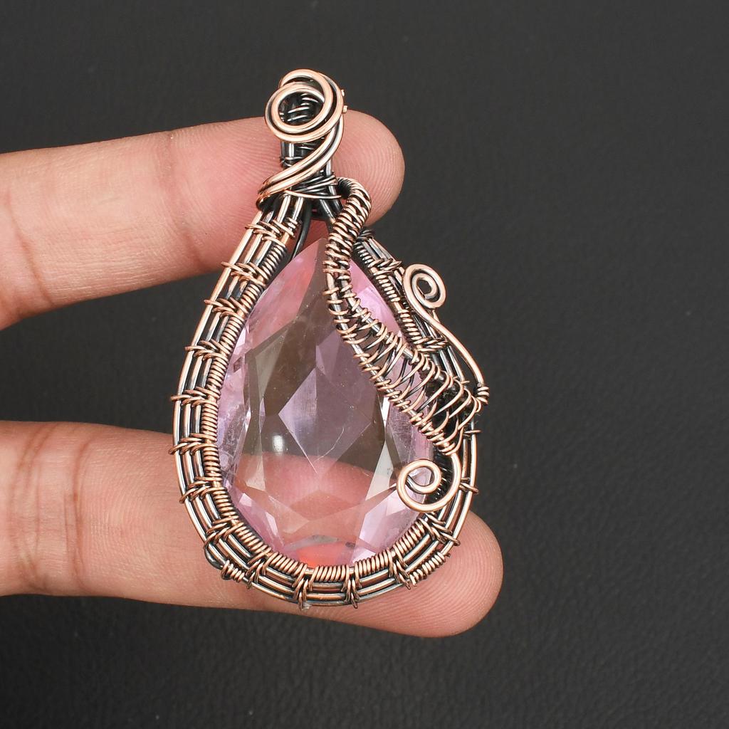 Exquisite Hand Woven Copper Tree of Life Style Pendant  Faceted Pink Topaz GemStone Pendant Charm Unique Anniversary Gift