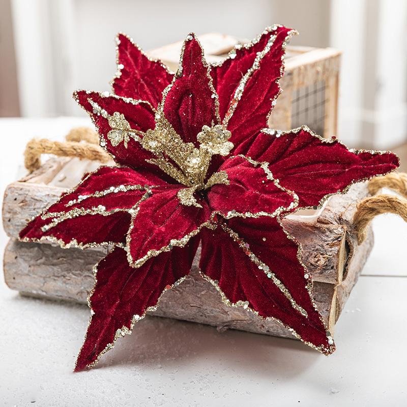 Velvet 26cm Christmas Flower Handmade Golden Glitter Artificial Flower Christmas Tree Hanging Flowers Pendant Decor 2025New Year