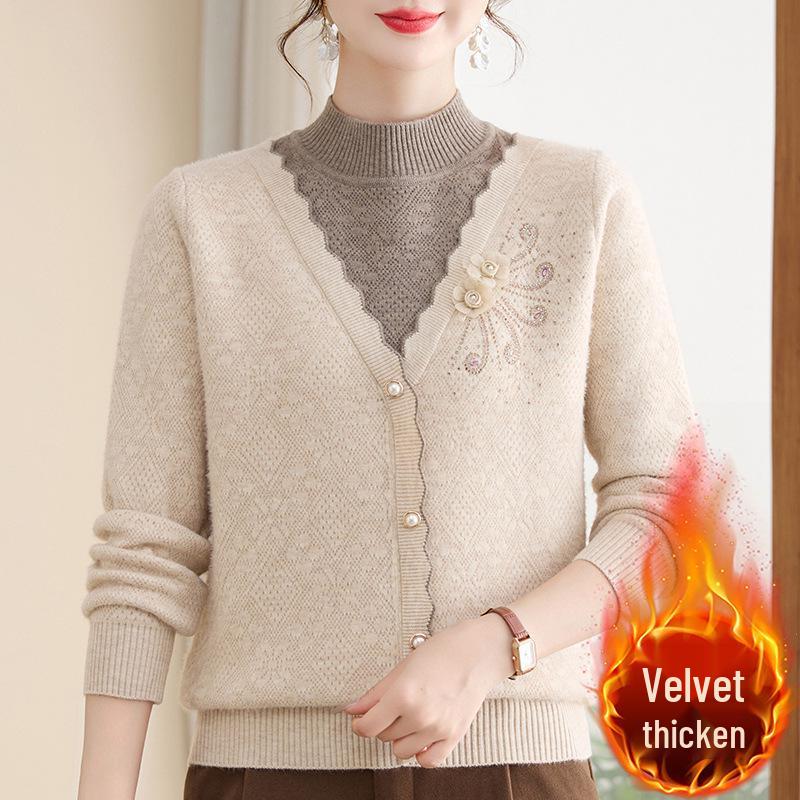 Women's Winter Knit Sweater with Fleece Lining, Faux Two-Piece, Thickened & Warm